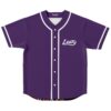 Purple brush-script festival jersey with white piping and front script logo, front view