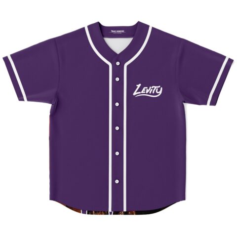 Purple brush-script festival jersey with white piping and front script logo, front view