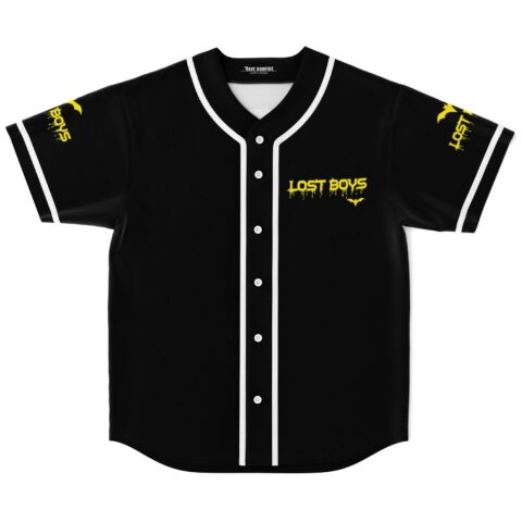 Black front view with dripping yellow “LOST BOYS” lettering, bat accents, and white jersey trim