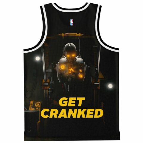 Industrial robot lab graphic with glowing yellow lights and GET CRANKED text, back view
