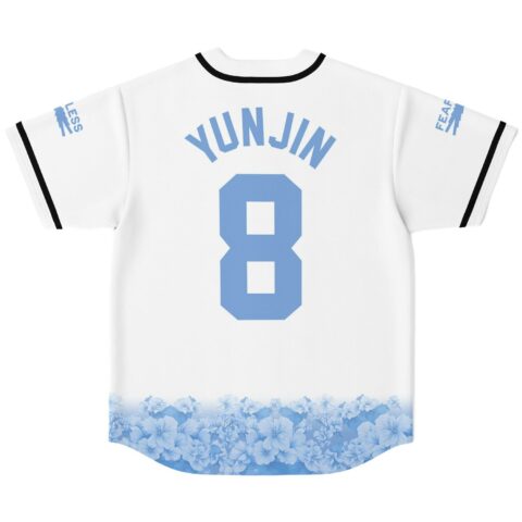 White jersey back with blue hibiscus floral border, arched lettering, oversized number 8, flat view
