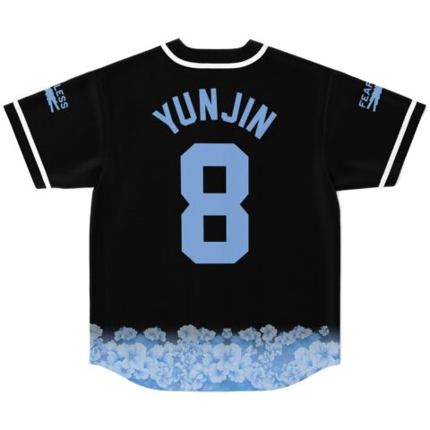 Black lightning baseball jersey back, YUN JIN, number 8, blue floral hem, flat lay