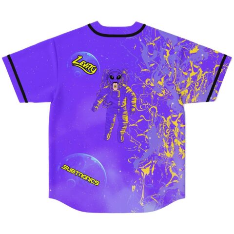 Purple starfield jersey back featuring alien astronaut, yellow abstract paint pattern, and floating space bubbles