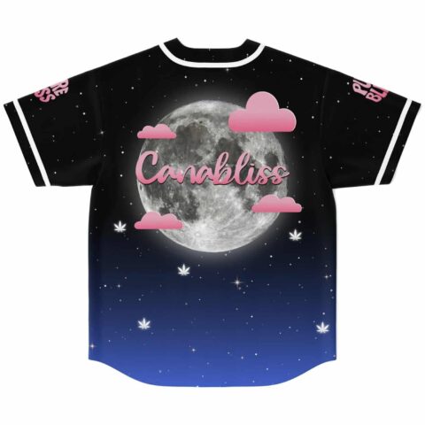 Starry night back design featuring a full moon, pink clouds, and Canabliss lettering