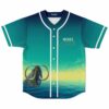 Woolly mammoth ocean scene jersey front view with teal gradient, yellow horizon, and white piping