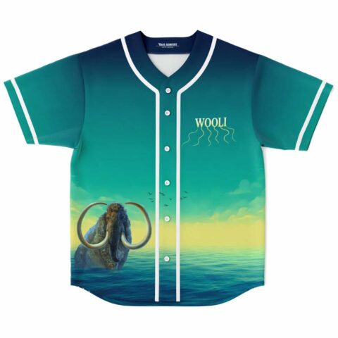 Woolly mammoth ocean scene jersey front view with teal gradient, yellow horizon, and white piping