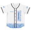 White jersey featuring blue hibiscus floral border and bold FEARLESS lightning lettering, front product view