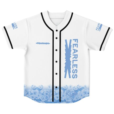 White jersey featuring blue hibiscus floral border and bold FEARLESS lightning lettering, front product view