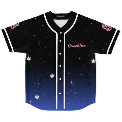 Black-to-blue starry night pattern with leaf motifs and pink Canabliss text, front view