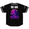 Black jersey with neon mammoth and skeletal companion on retro grid, back view