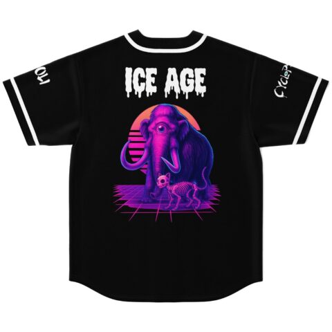 Black jersey with neon mammoth and skeletal companion on retro grid, back view