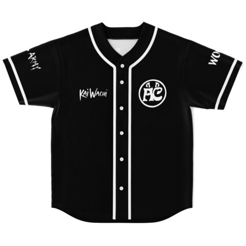 Black jersey with circular white AC emblem, white piping, and sleeve lettering, front view
