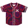 Red-purple radial tie-dye jersey front view with piping and geometric chest emblem on white background