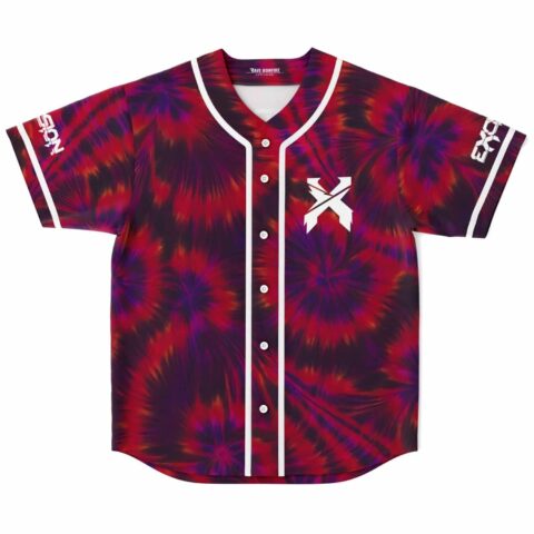 Red-purple radial tie-dye jersey front view with piping and geometric chest emblem on white background