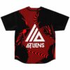 Back view of black-and-red optical swirl design with white ATLIENS lettering and geometric emblem