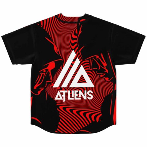 Back view of black-and-red optical swirl design with white ATLIENS lettering and geometric emblem