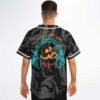 Black-gray abstract swirl jersey with neon skull headphones and waveform graphic, model back view