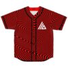 Front view of red-and-black optical swirl design with white geometric emblem on a button-front jersey