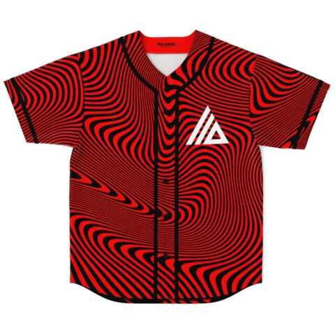 Front view of red-and-black optical swirl design with white geometric emblem on a button-front jersey