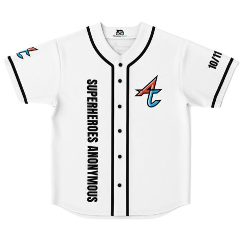 White superhero-inspired jersey front with black piping, colorful star emblem, and vertical “SUPERHEROES ANONYMOUS” text