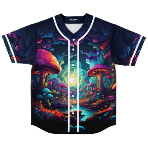 Psychedelic mushroom forest jersey with grinning purple creature, front view on white background