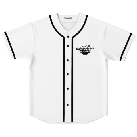White RamenHouse logo jersey front view with black piping and button closure on white background