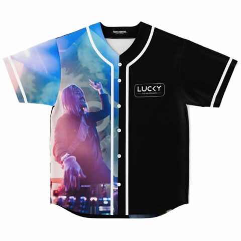 Split neon concert photograph front view features LUCKY and THE UNFORTUNATE chest text