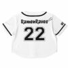 Back view of the ramen house logo rave cropped baseball jersey with a large number and text