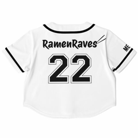 Back view of cropped baseball jersey with large number and text design