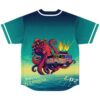Neon octopus and psychedelic tour bus design, jersey back with flames, ocean horizon, colorful swirls