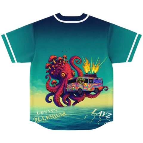 Neon octopus and psychedelic tour bus design, jersey back with flames, ocean horizon, colorful swirls