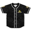 Black dinosaur fossil pattern with white piping, buttons, and eye emblem, front view