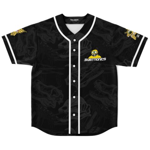 Black dinosaur fossil pattern with white piping, buttons, and eye emblem, front view