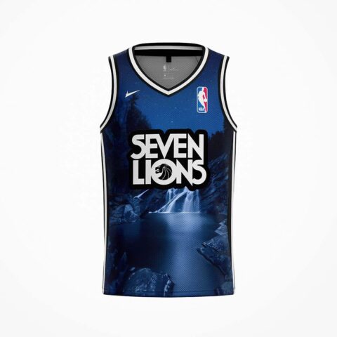 Moonlit waterfall forest pattern with bold white lettering and athletic trim on front