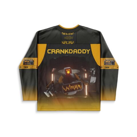 Black and gold 3D-rendered rave jersey back featuring a futuristic console and “CRANKDADDY” text