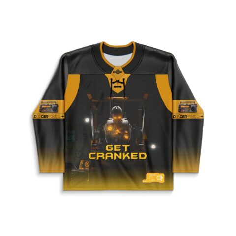Black and gold 3D-rendered rave jersey front with glowing robot and “GET CRANKED” text