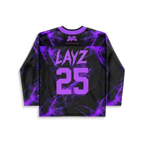 Black and purple electric lightning pattern with large 25 numeral and slogan panel, back view