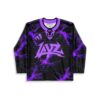 Black and purple electric lightning pattern, bold angular lettering, front view festival hockey jersey