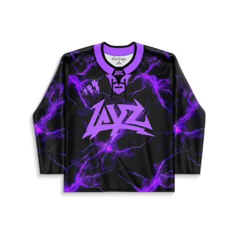 Black and purple electric lightning pattern, bold angular lettering, front view festival hockey jersey