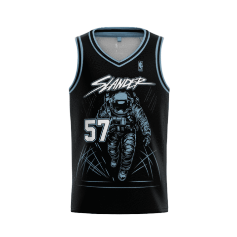 Black astronaut walking graphic with blue trim and number 57, front view for festival wear