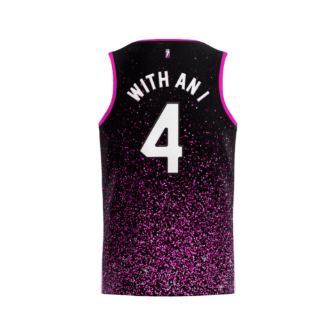 Black magenta glitter speckle back view with “WITH AN I” and white number 4