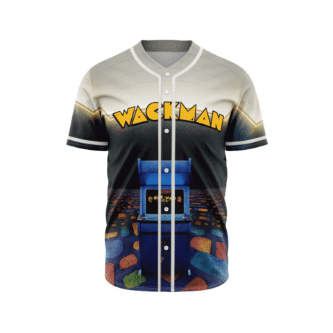 WACKMAN arcade-inspired front view features an arcade cabinet over a colorful pixel maze pattern