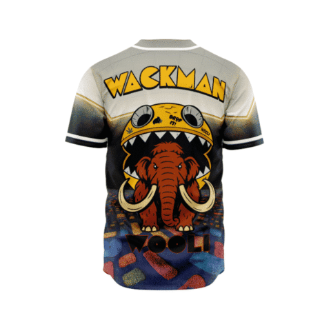 WACKMAN arcade-inspired back design shows a mammoth in a monster mouth above colorful maze graphics