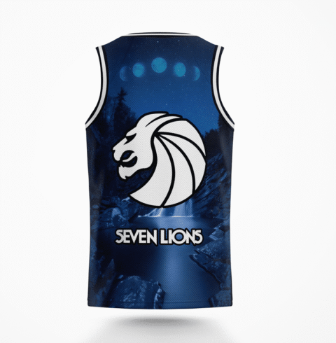 Moonlit forest and waterfall pattern with white lion mane emblem on back