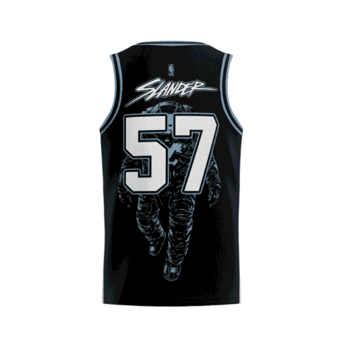 Black astronaut walking graphic with oversized number 57, back view for festival wear