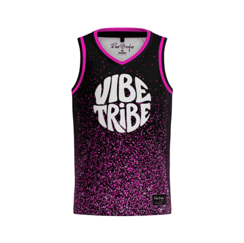 Black magenta glitter speckle front view featuring bold white “VIBE TRIBE” lettering