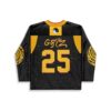 Black starry-night pattern with multicolor speckles, yellow tiger-stripe sleeves, yin-yang patch, and number 25, back