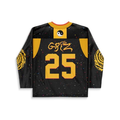 Black starry-night pattern with multicolor speckles, yellow tiger-stripe sleeves, yin-yang patch, and number 25, back