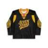 Black starry-night pattern with multicolor speckles, yellow tiger-stripe sleeves, and “SEVEN STARS” lettering, front view