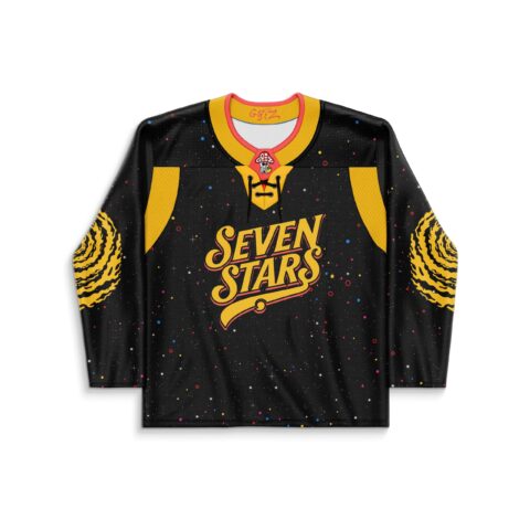 Black starry-night pattern with multicolor speckles, yellow tiger-stripe sleeves, and “SEVEN STARS” lettering, front view